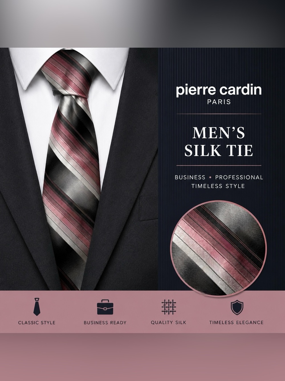 Pierre Cardin Men’s Silk Tie Pink Gray Black Striped Necktie Business Formal